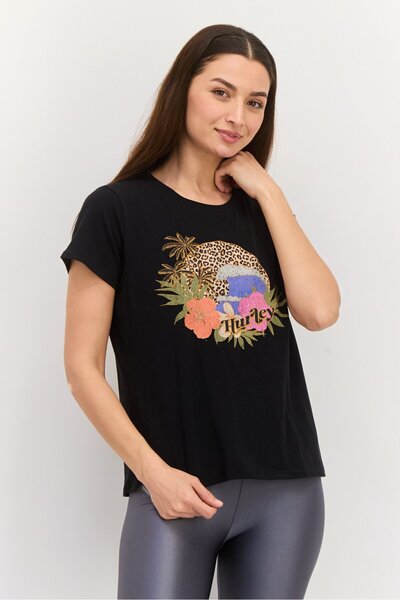 Hurley تي شيرت رياضي نسائي بأكمام قصيرة للتدريب، أسود