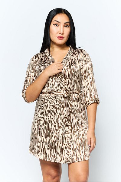 Brave Soul Women 3/4 Sleeves Satin Kimono Sleepwear, Tan Combo