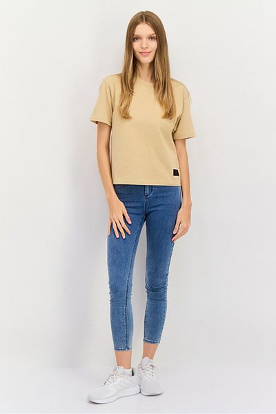 Esprit Women Crew Neck Short Sleeve Solid T-Shirt, Dark Beige