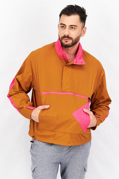 Aigle Men High Neck Long Sleeve Colorblock Windbreaker Jacket, Brown