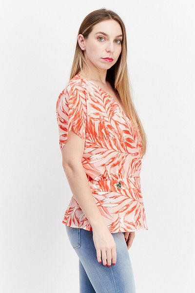 Pedro del Hierro Women Surplice Neck Short Sleeve All Over Printed Top, Red Combo