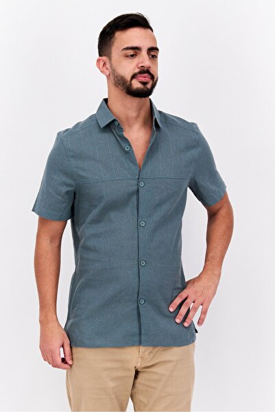 Ike Behar قميص كتان سادة بأكمام قصيرة بقصّة عادية للرجال، زيتوني