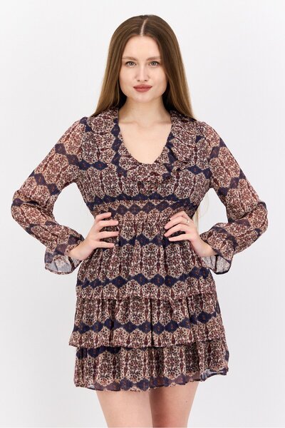 Dex Women Allover Print Ruffle Trim Mini Dress, Multicolor