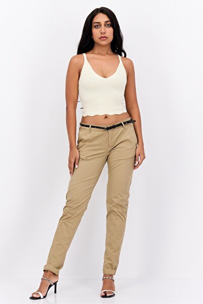 Scotch & Soda Women Regular Fit Belted Solid Chino Pants, Khaki