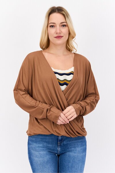 Dex بلوزة نسائية مضلعة بأكمام طويلة ورقبة دائرية، لون بني صدئ