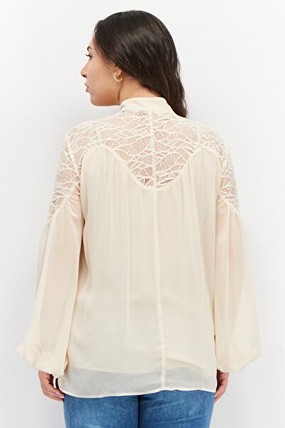 Esprit Women Tie Neck Balloon Sleeves Textured Blouse, Beige