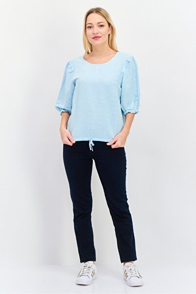 WRANGLER Women Round Neck Short Sleeve Textured Blouse, Light Blue