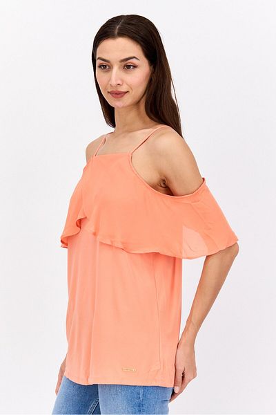 Nine West Women Square Neck Cold Shoulder Sleeve Plain Top, Coral Orange