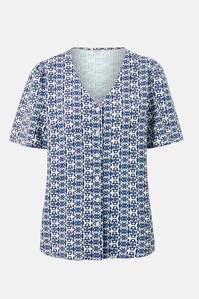 Tchibo Women V-neck Short Sleeves Allover Print Blouse, White