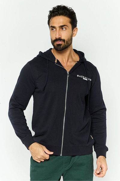 GAZZARRİNİ Men Hooded Long Sleeve Brand Logo Sweatshirt, Navy