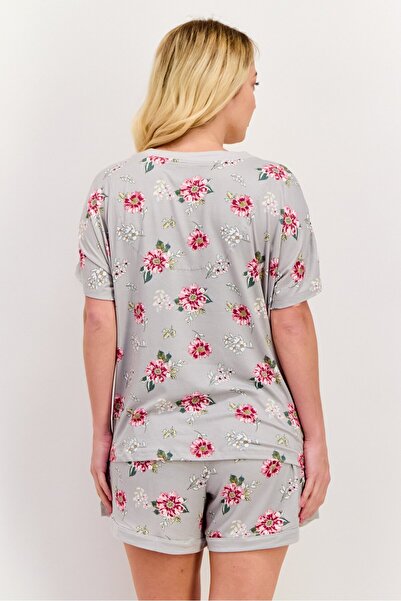 Anne Klein Women 2 Pieces Short Sleeve Floral Print Top And Short Set, Grey Combo