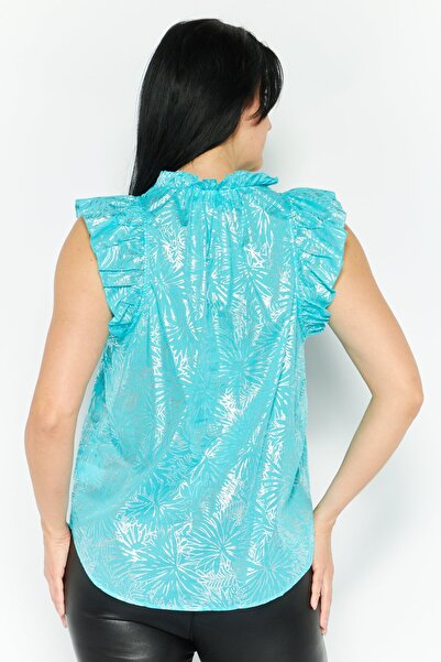 Michael Kors Women Ruffle Neck Flutter Sleeves Allover Print Top, Turquoise