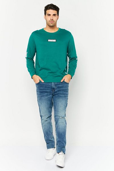 Brooklyn Men Crew Neck Long Sleeve Graphic Print Sweatshirt, Teal Blue