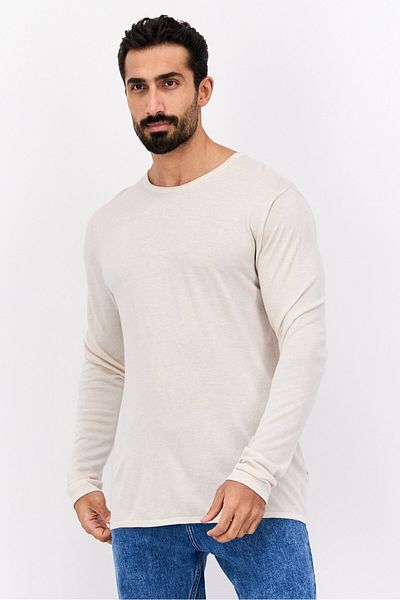 Selected Homme سويت شيرت رجالي سادة بأكمام طويلة وياقة دائرية، لون بيج