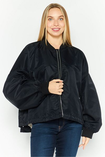 Esprit Women Band Collar Solid Oversized Bomber Jacket, Black