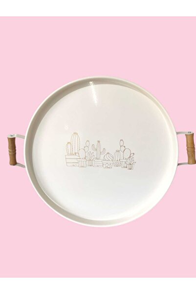 EceAksesuar Tepsi Ahşap Kulplu Kaktüs Desenli Metal Çay Kahve Tepsisi 37 Cm O...