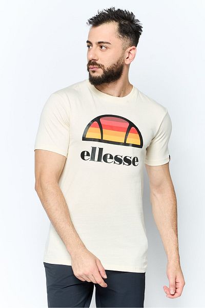 Ellesse تي شيرت رجالي بشعار العلامة التجارية بأكمام قصيرة ورقبة دائرية، أبيض عاجي