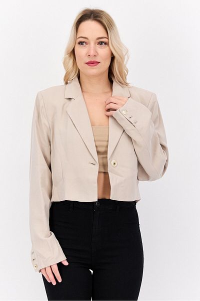 NIA Women Regular Fit Single Breasted Cropped Blazer, Light Grey