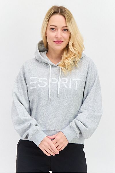 Esprit Women Brand Logo Long Sleeve Cropped Hoodie, Heather Grey