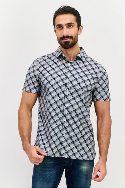 Perry Ellis قميص رجالي كاجوال بأكمام قصيرة وطباعة تجريدية، أزرق داكن