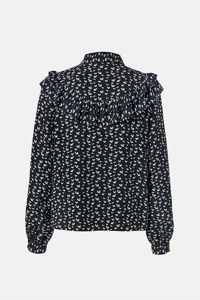 Tchibo Women Spread Collar Long Sleeve Allover Print Top, Black