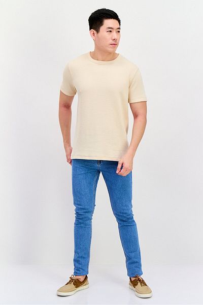 Denim & Flower Men Crew Neck Short Sleeve Textured T Shirt, Beige