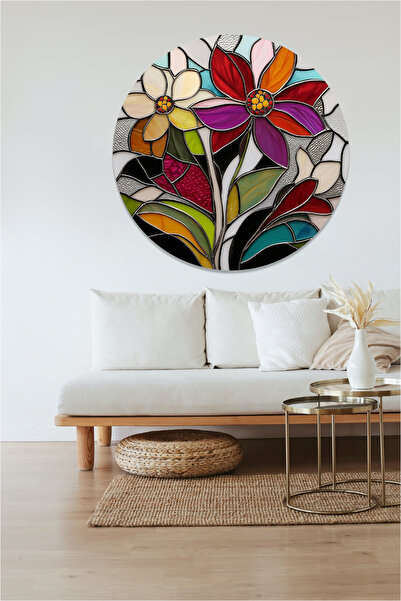 KOSS Dijital Vitray Desenli Çiçekler Yuvarlak Sticker, Yuvarlak Şekilli Sticker, Soyut Çiçekler Duvar Dekoru