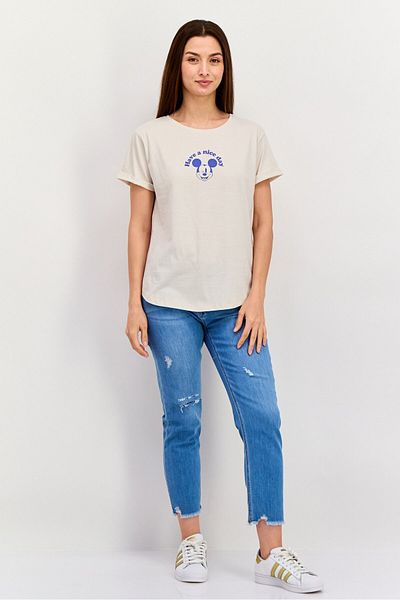 Disney Women Crew Neck Short Sleeves Graphic Print T-shirt, Beige