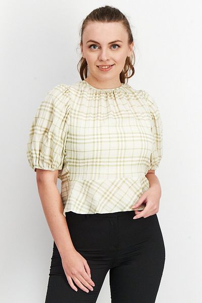 Miss Selfridge Women Crew Neck Puffed Sleeve Plaid Top, Off White