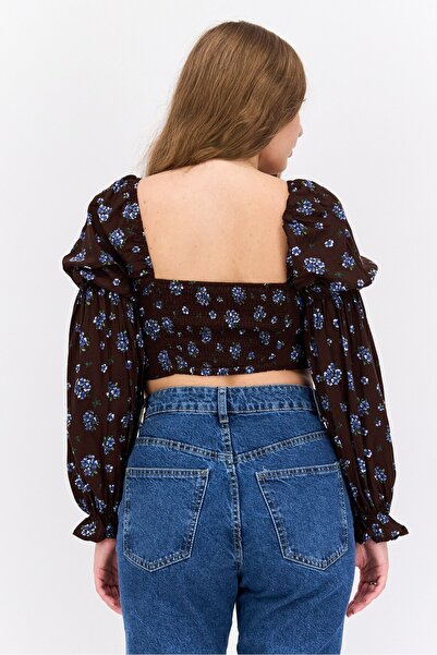 Monki Women Square Neck Long Sleeve Floral Print Crop Top, Brown