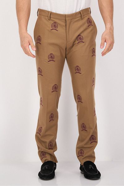 Tommy Hilfiger Men Regular Fit Embroidered Dress Pants, Dark Tan