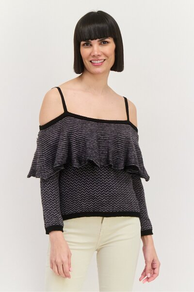 BB Dakota Women Sqaure Neck Cold Shoulder Sleeve Stripe Top, Grey