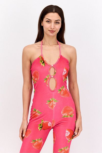 Vintage Supply Women All Over Printed Sleeveless Jumpsuits, Pink Combo