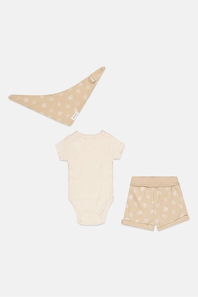 Home Grown Baby Toddlers Boy 3 Pcs Graphic Print Bodysuit And Short With Bib Set, Ivory