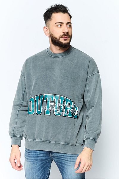 COUTURE Men Round Neck Long Sleeve Embroidered Sweatshirt, Gray