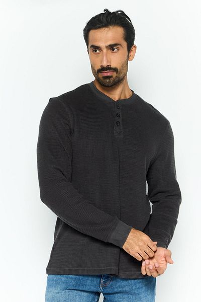 Rainforest Men Henley Neckline Textured Long Sleeves Sweatshirt, Dark Grey