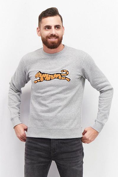 Le tigre Men Crew Neck Long Sleeve Embroidered Sweatshirt, Grey