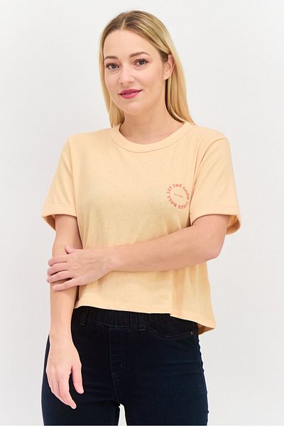 WRANGLER Women Round Neck Short Sleeves Graphic Print Top, Peach
