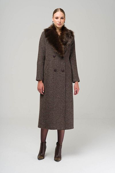 Olcay Detachable Fur Collar Double Breasted Herringbone Coat BROWN 3937