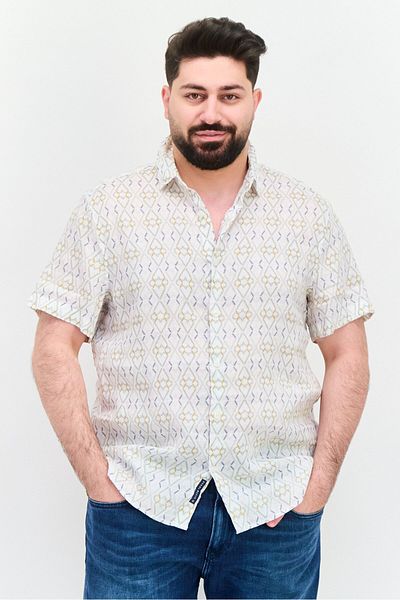 Perry Ellis Men Regular Fit Allover Print Short Sleeves Casual Shirt, White Combo
