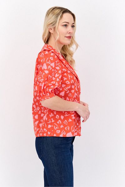 Nobody’s Child Women V Neck Short Sleeves Heart Poplin Blouses, Red