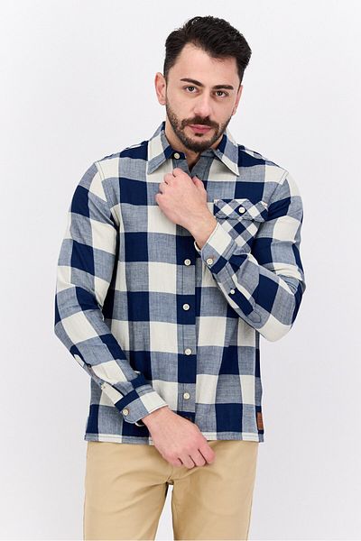 Scotch & Soda Men Regular Fit Long Sleeve Checkered Casual Shirt, Navy