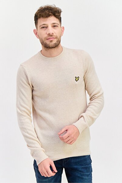 Lyle & Scott كنزة رجالي برقبة دائرية وشعار مطبوع، لون الشوفان والهيذر