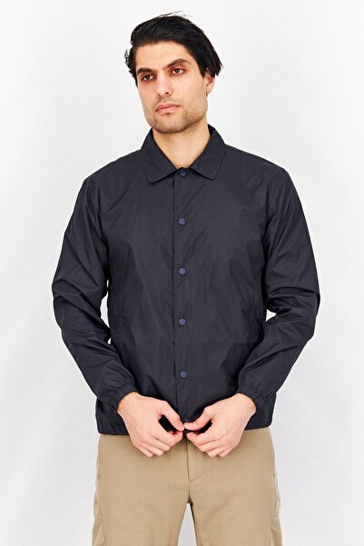 French Connection قميص رجالي كاجوال سادة بأكمام طويلة وياقة واسعة، أزرق داكن
