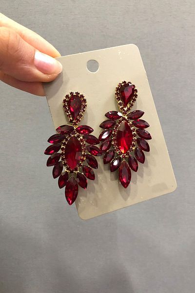 Hayalperest boncuk Yellow Oval Earrings with Burgundy Crystal Stones