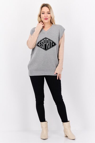 Esprit Women V-Neck Knitted Sweater Vest, Grey