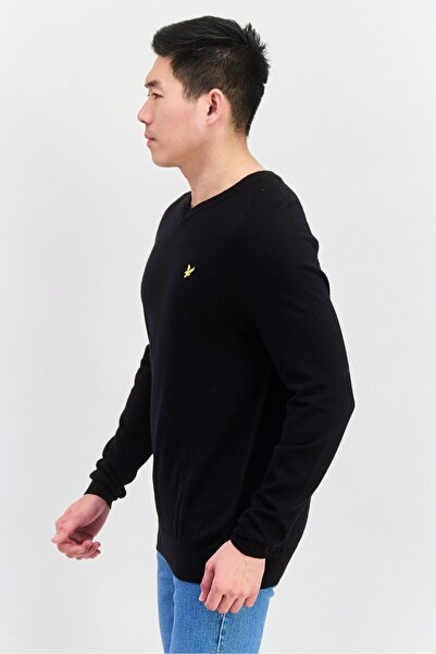 Lyle & Scott Men V Neck Long Sleeve Brand Logo Sweater, Black