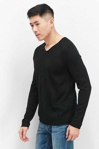 CELIO Men V Neck Long Sleeve Plain Sweatshirts, Black