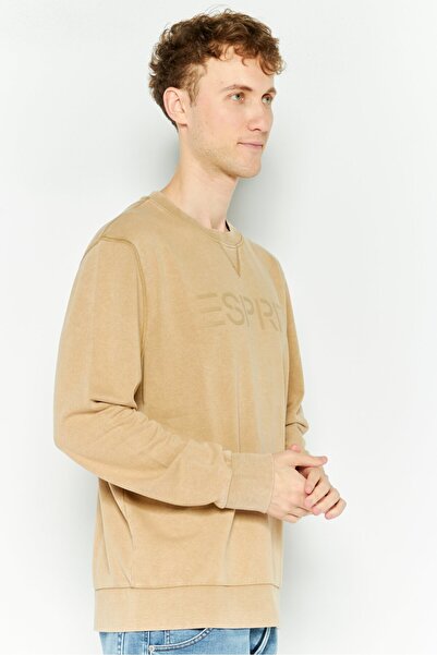 Esprit Men Round Neck Long Sleeves Brand Logo Sweatshirt, Khaki Beige