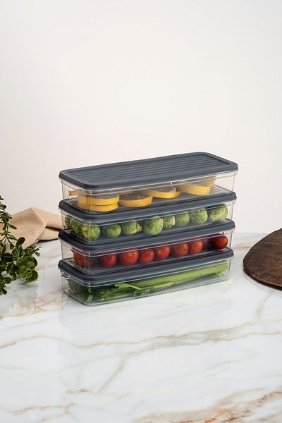 netteucuzluk 4-Piece Anthracite Refrigerator Organizer - 1170 ml Storage Container Suitable for Microwave and Freeze